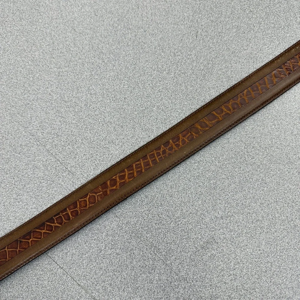 Maeni Parma Belt Mens Brown Leather Croc Exotic Inlay Gold Tone Buckle Italy *